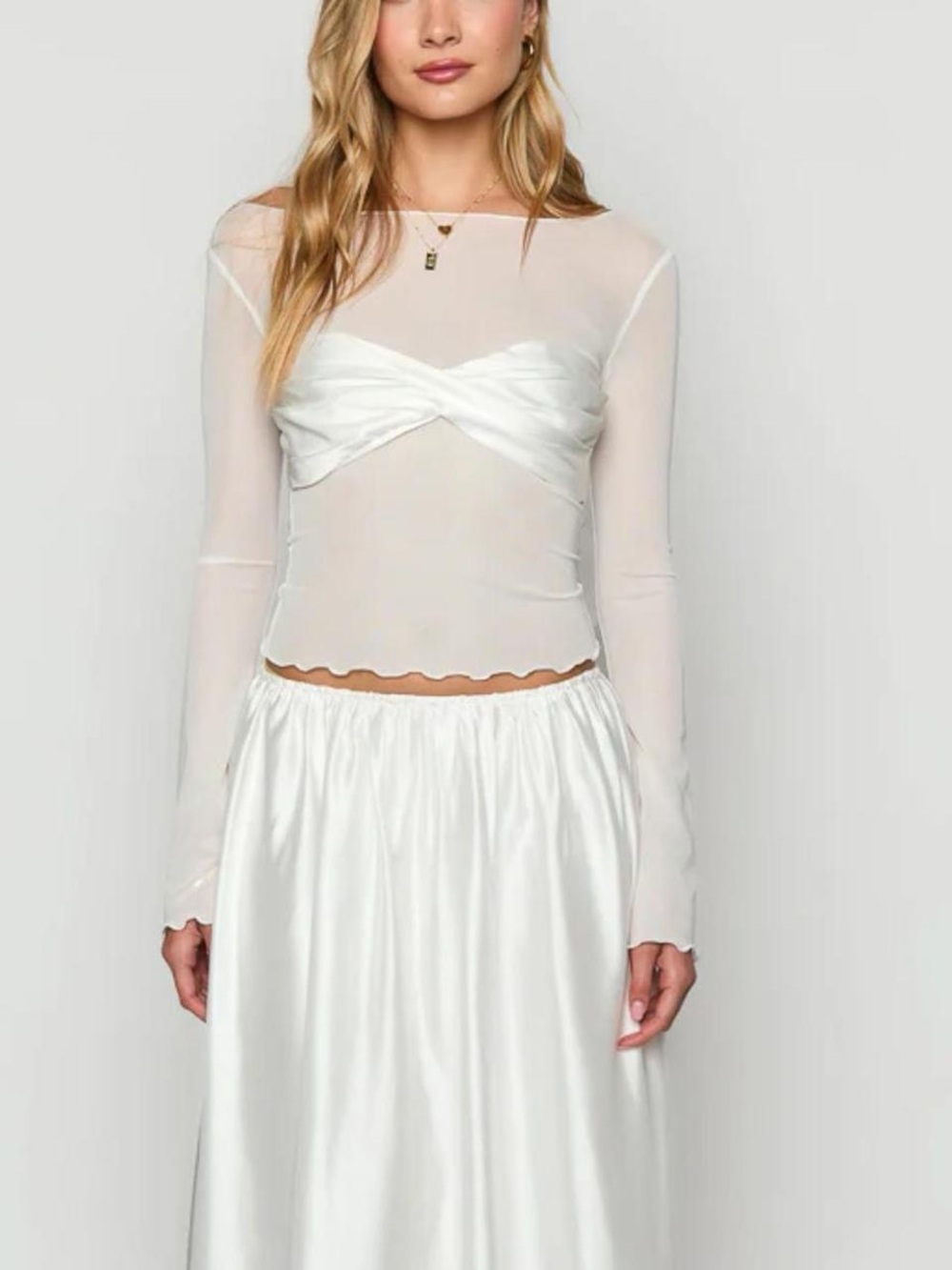 Sheer White Twist-Front Mesh Top